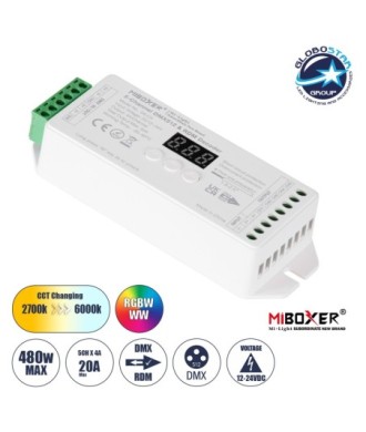 GloboStar® 71426 D5-CX Mi-BOXER DC DMX & RDM Dimmer High Speed Controller - Decoder 5 Καναλιών DC 12-24V 5 x 4A 96W - Max 20A 480W - IP20 Μ13 x Π5 x Υ2.5cm - 5 Years Warranty